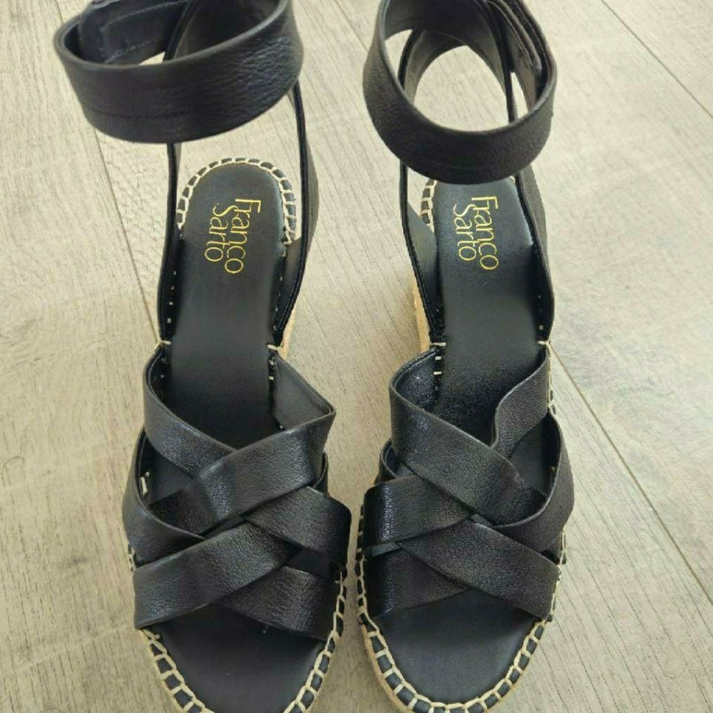 Womens Black Espadrille Wedge Sandals with Ankle Tie Franco Sarto